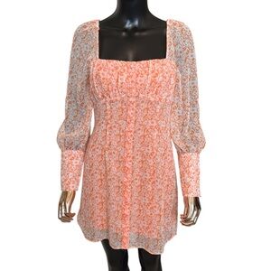 The East Order Peach Floral Square Neck Puff Sleeve Mini Dress Small